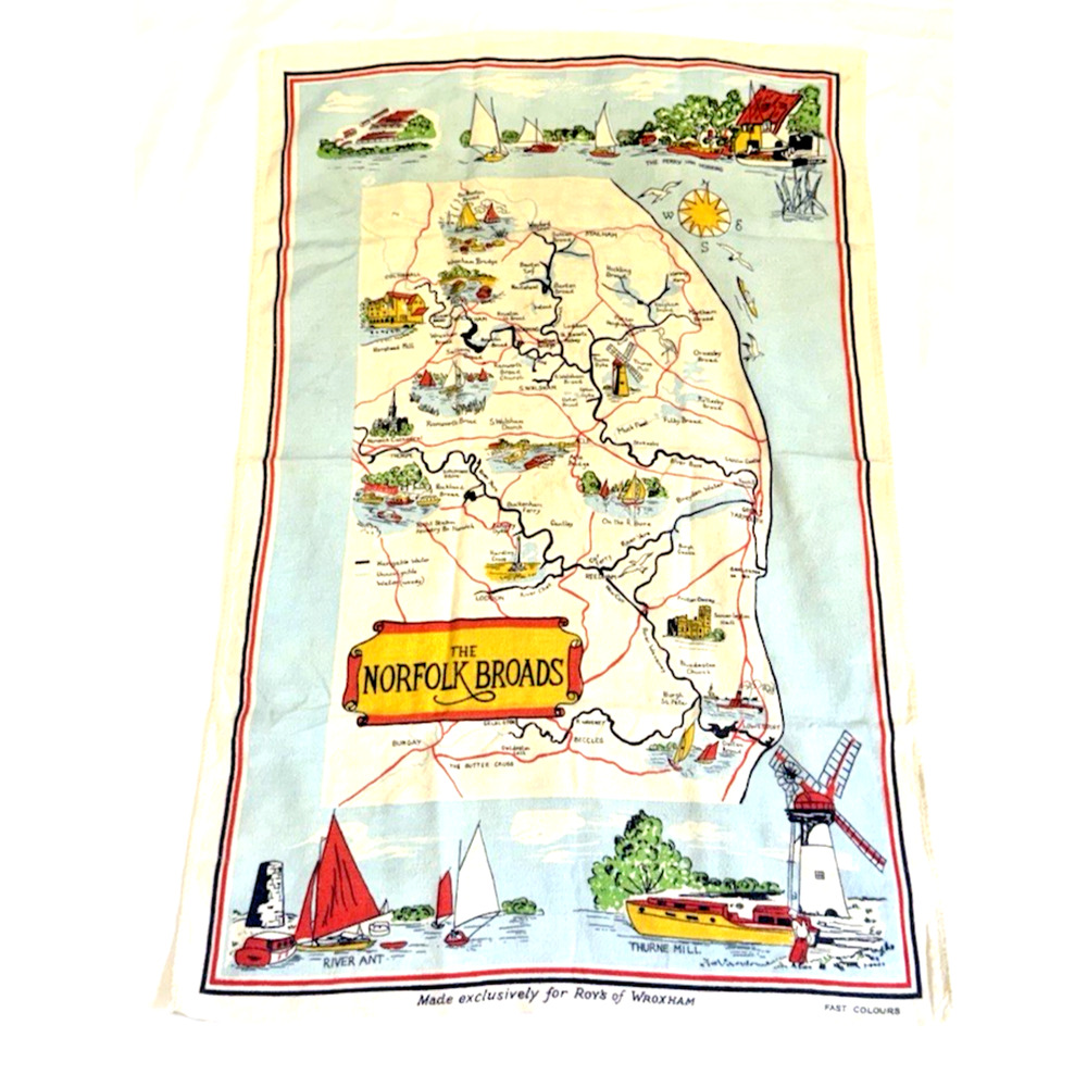Vtg. Souvenir Tea Towel "The Norfolk Broads" England-Roys of Wroxham 28" x 18"